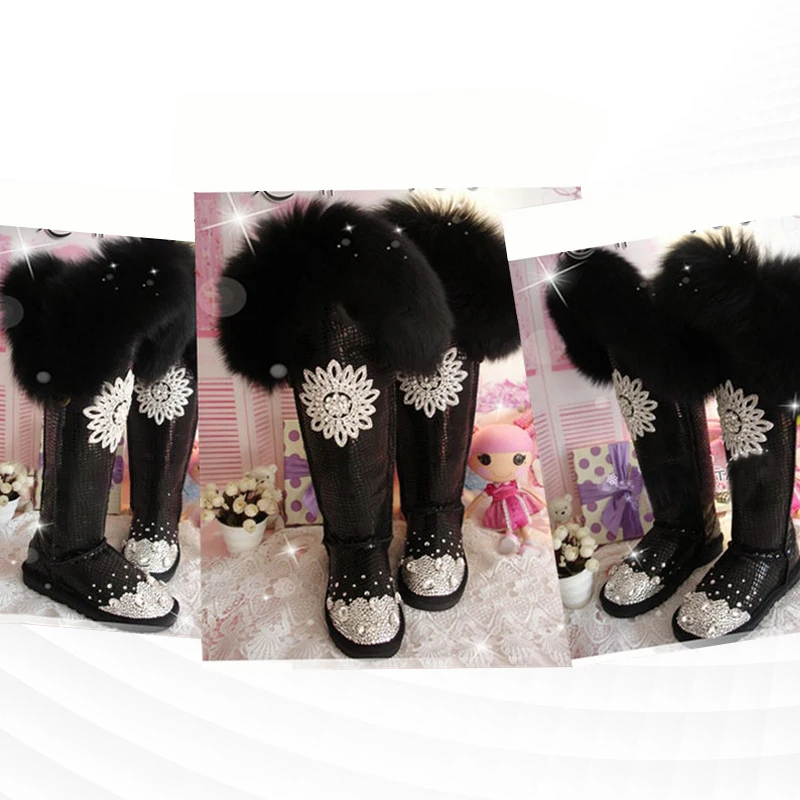 

Over-the-knee long boots fur one-piece comfortable warm rhinestone stitching sequins plus velvet large size women's boots 35-44