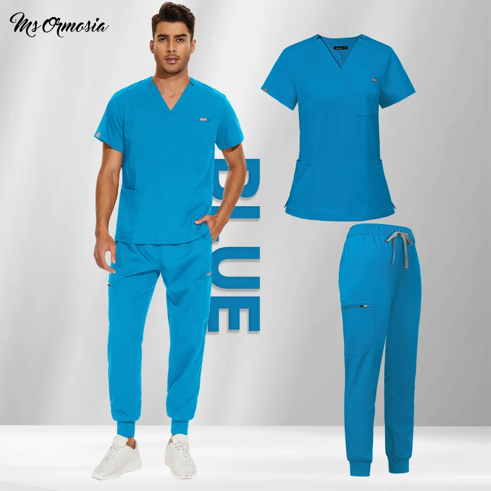 

Summer Men's Short Sleeve V-neck Scrub Tops With Pocket Care Workers T-shirt Blouse Workwear Pants Nurse Uniform Clinic Set New