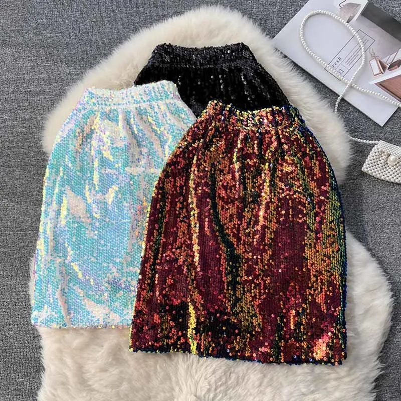 

Женская модельная короткая мини-юбка с блестками и высокой талией