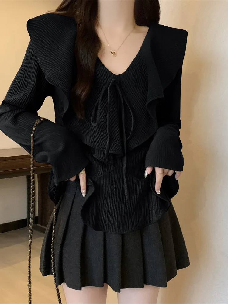 Plus size women clothing French sle Frill V-neck Shirts Spring and Autumn 2024 Chubby Girl Waist Hugging Slimming Chic Euro... |