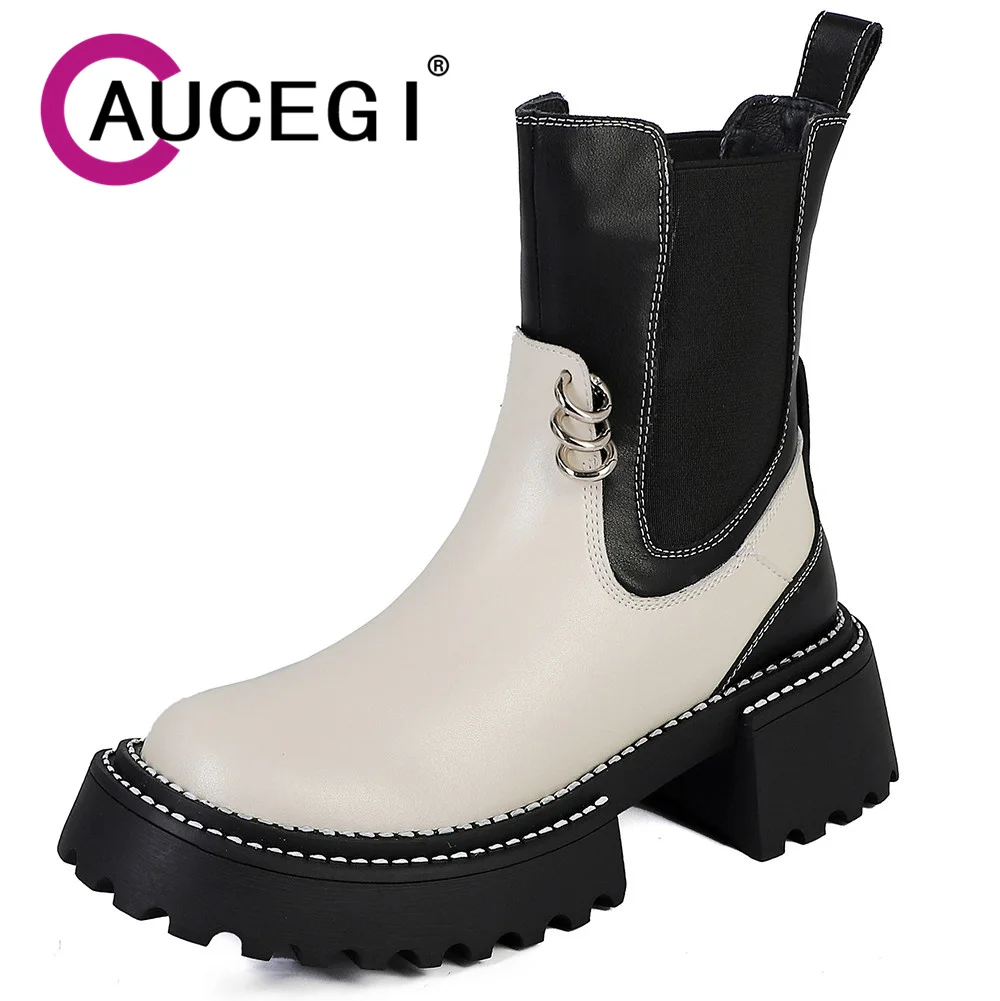 

Aucegi 2023 Autumn Winter Women Genuine Leather Chelsea Short Boots Fashion Round Toe Chunky Platform Heels Casual Shoes Black