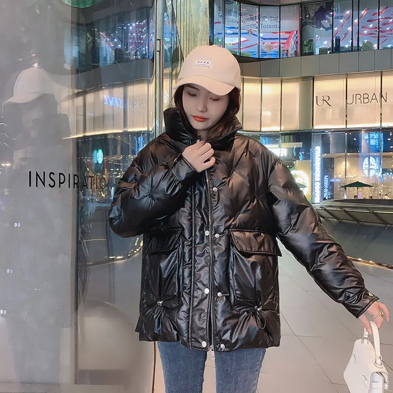 2021 Winter Solid Color Stand Collar Glossy Korean Fashion Women Thickening Jackets Casual Loose Coats for Female Puffer Jacket