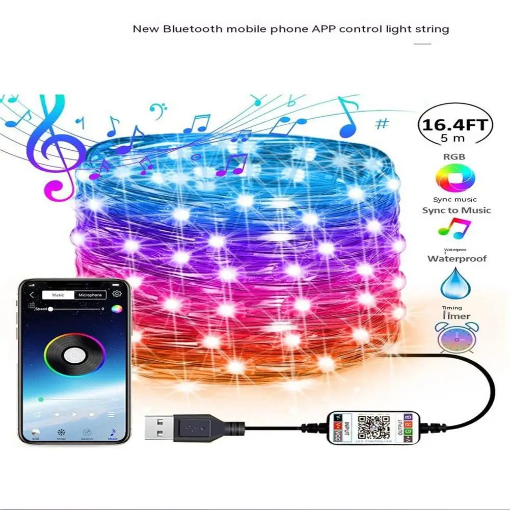 

1PC USB Bluetooth Music RGB Point Control Curtain Light String Mobile Phone APP Copper Wire String Light Festive Decorative Lamp