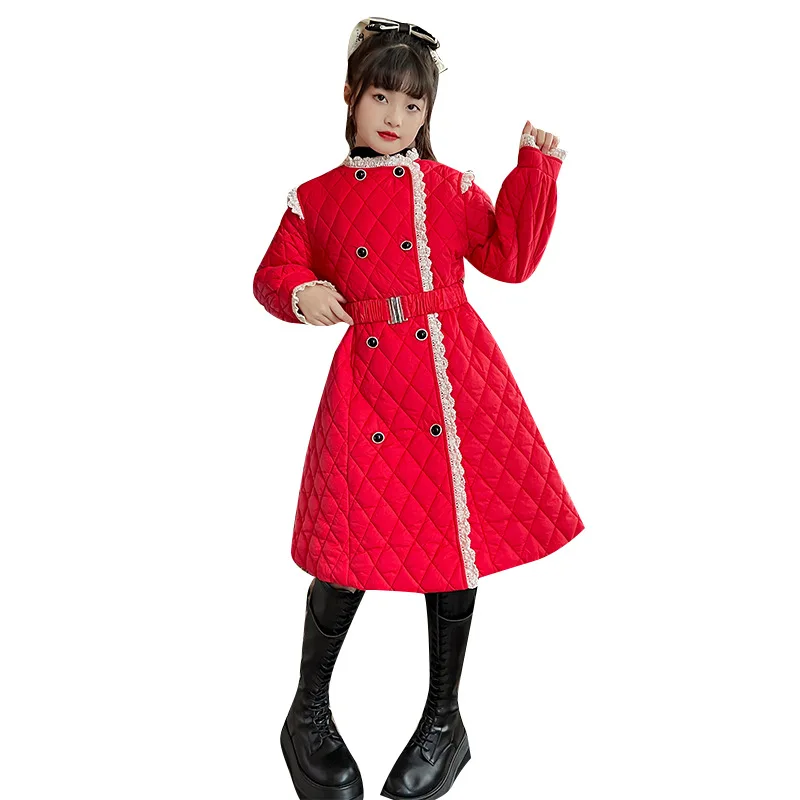 

Одежда для девочек-подростков, зимнее двубортное пальто с призматическим дизайном, детская одежда, модный длинный хлопковый комбинезон, кружевной топ на 4-14 лет