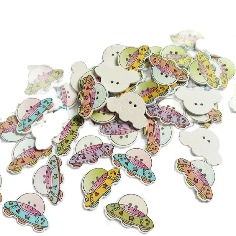 

50pcs Random Mixed buttons Transportation Wooden Buttons Scrapbooking 2 Holes Cartoon UFO buttons