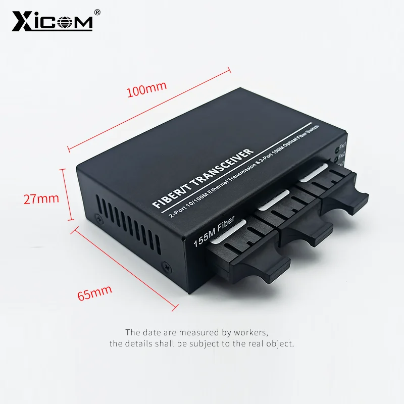 1 Pcs 20KM 3 Fiber 2 RJ45 Optic Media Converter 10/100M Ethernet Optical Switch Single Mode SC Duplex with Power Supply DC 5V 2A