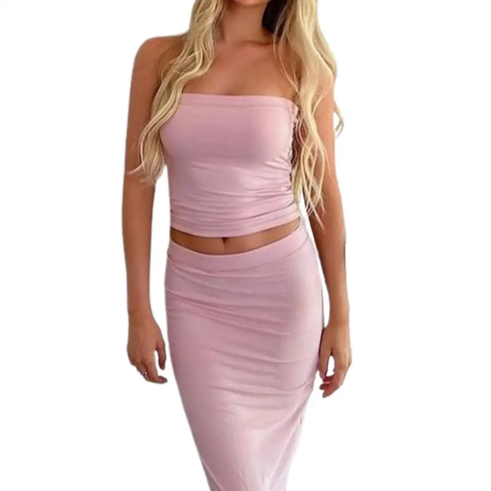 

2Pcs/Set Club Sheath Skirt Set Sexy Elastic Bodycon Tight Waist Off Shoulder Backless Prom Tank Top Skirt Suit Female Clothes