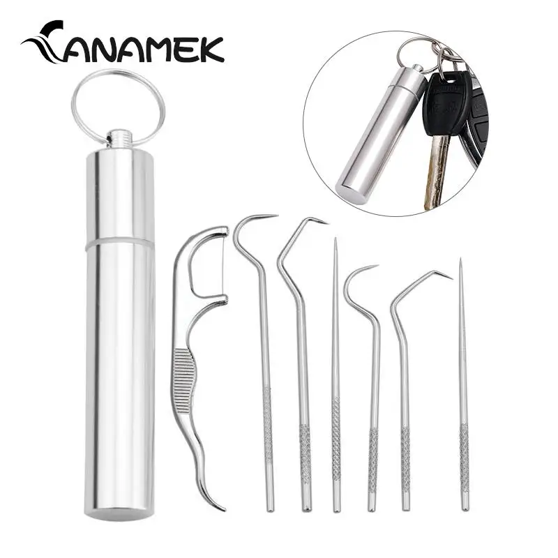 

7pcs/set New Portable Stainless Steel Metal Toothpick Set For Outdoor Picnic Camp Reusable Environmental Protection With Holders