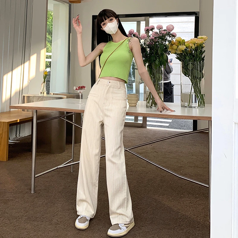 Jeans Women's 2023 New Long Pants Autumn and Winter High Street Stripes Off White Wide Leg Pants Versatile Straight Fit