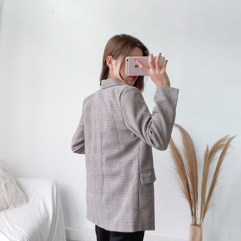 Office Ladies Lapel Plaid Women's Blazer Double-breasted Autumn Long-sleeved Jacket 2022 Casual Pocket Women's Short Blazer