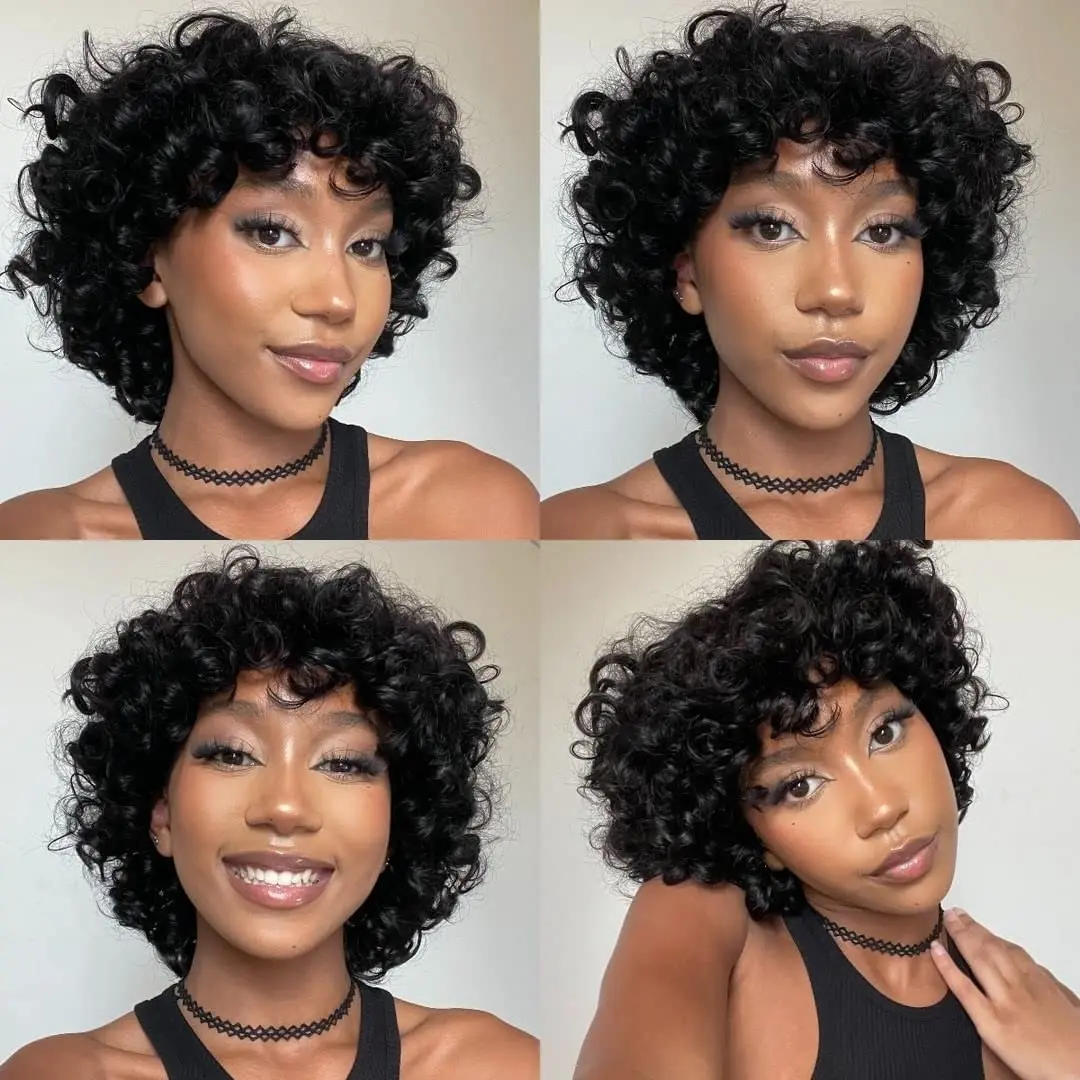

Funmi Human Hair Wig With Bangs Full Machine Made Short Rose Curly Bob Wig For Women Brazilian None Lace Pixie Cut Wig