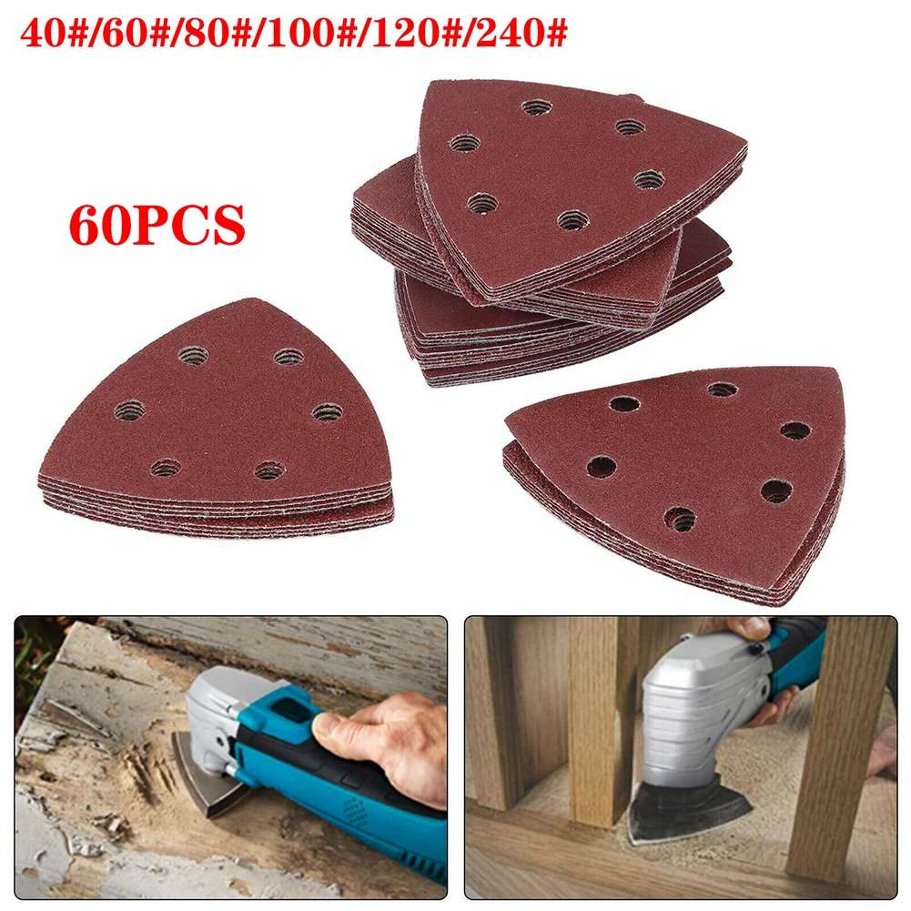 

60pcs Triangle Sanding Paper 40/60/80/100/120/ 240grit Flocking Sandpaper For Oscillating Tool Pad Sanding Grinding Polishing