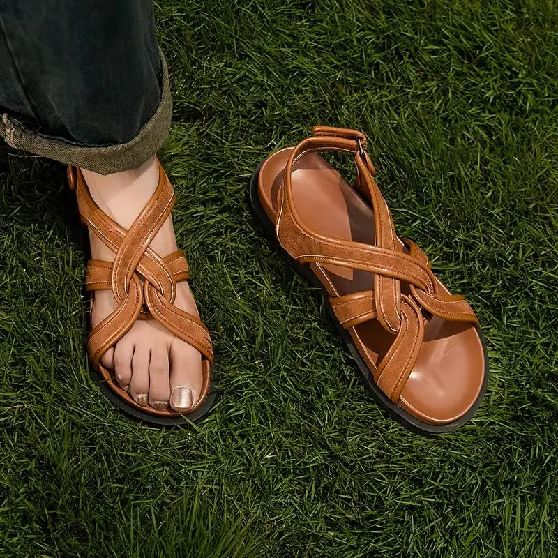 Женские летние сандалии из натуральной кожи пляжные на плоской подошве верхняя