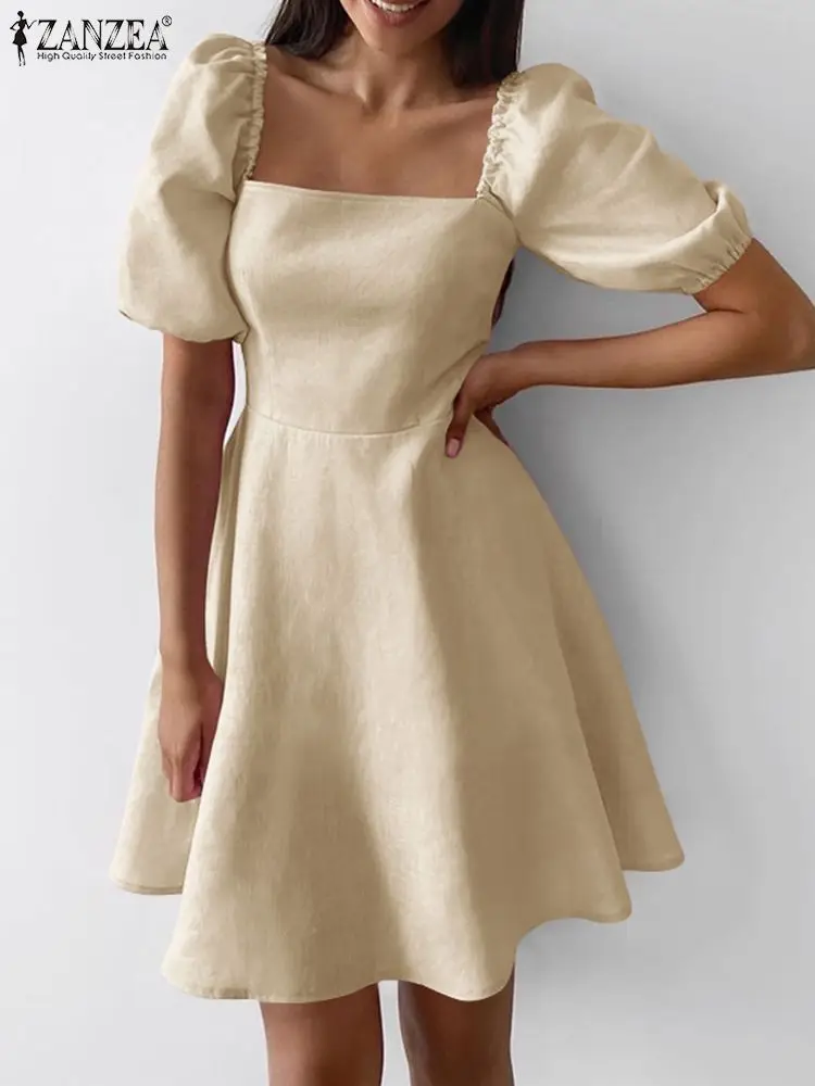 

ZANZEA Chic Square Collar Vestidos 2022 Summer Party A Line Robe Women Elegant Solid Dress Casual Holiday Short Sleeve Sundress
