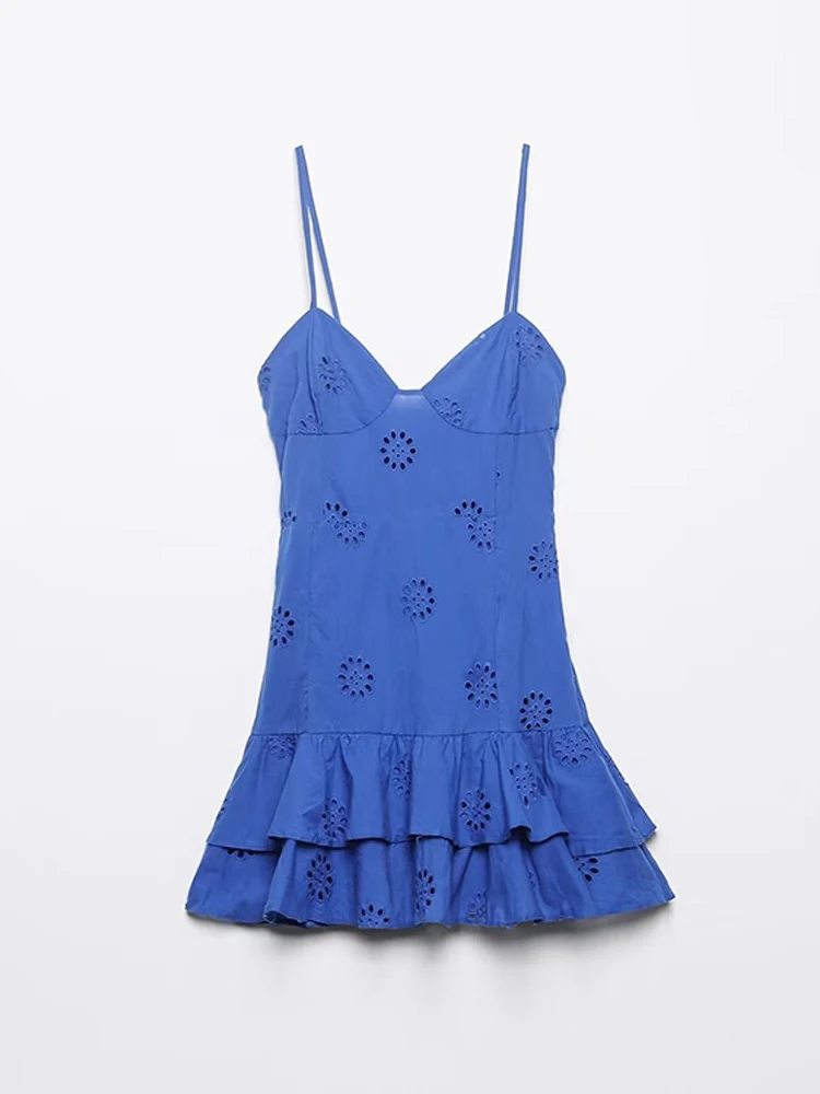 

Summer Spaghetti Strap Blue Dress Women Hollow Out Embroidery Cotton A-line Ruffles Mini Dresses 2022 vestidos