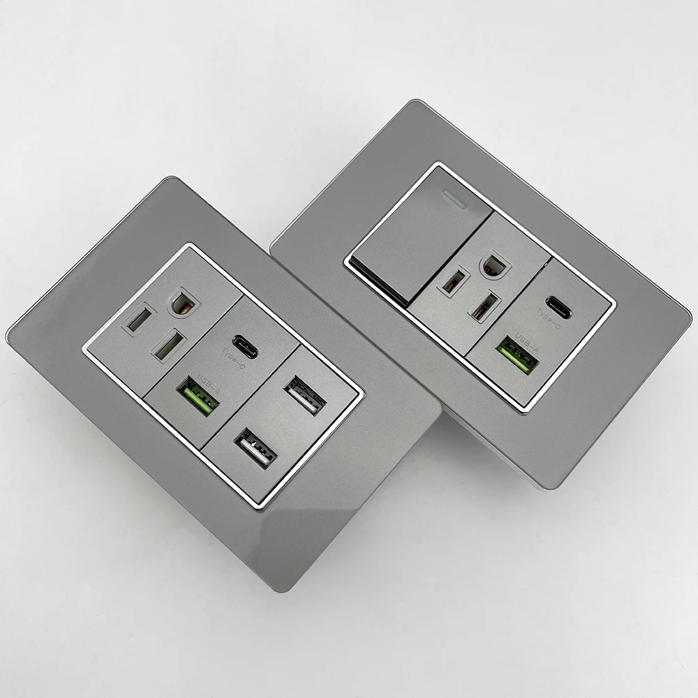 Фото Серое закаленное стекло, американская розетка USB Type-C, 20 Вт, умная настенная розетка с быстрой зарядкой, минимальный тайский двойной USB-разъем, выключатель света №1