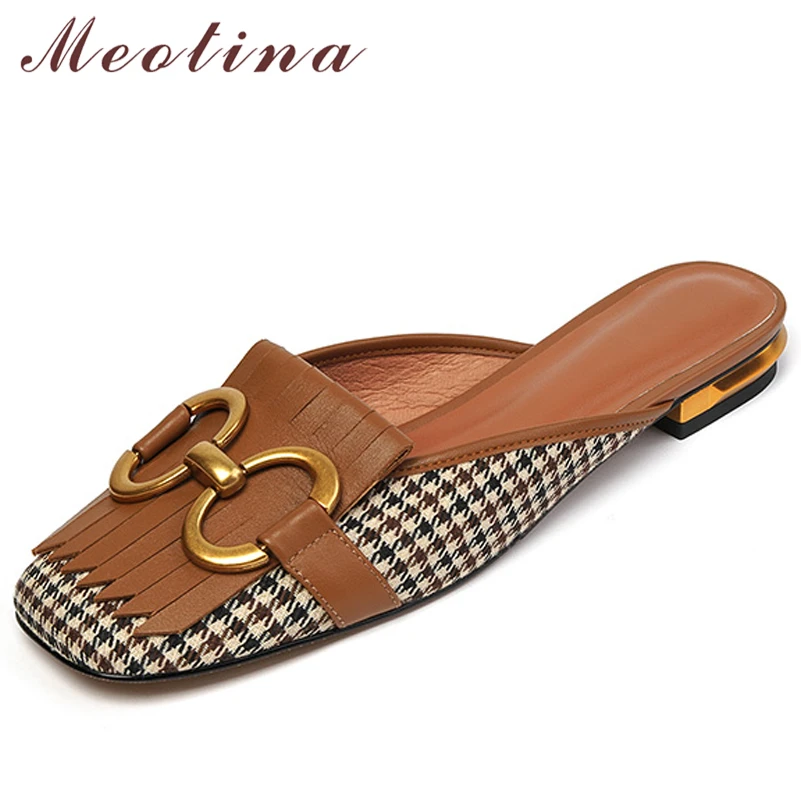 

Meotina Women Mules Shoes Genuine Leather Flat Shoes Fringe Metal Decoration Square Toe Ladies Footwear Spring Autumn Brown 40