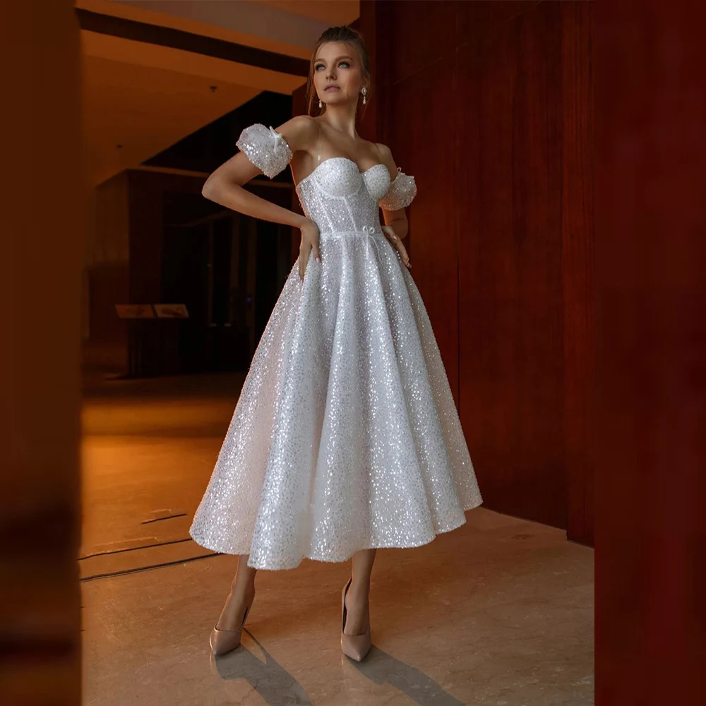 

2022 Sexy Sweetheart Sequin Summer Wedding Dress With Detachable Short Glitter Sleeves Tea-Length Robe De Gittler Sheer Back