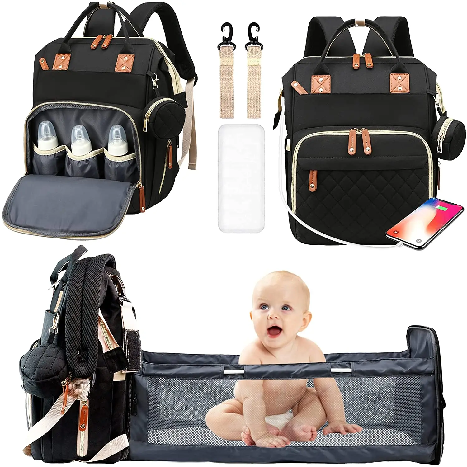 

New Diaper Bags With Changing Station Large Capacity Travel Baby Bags Backpack Foldable Nappy Bags with Crib USB Charging Port
