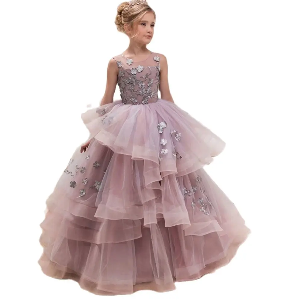 

Vintage Autumn Tulle Layers Flower Girl Dresses Flower Emboridery Girl Wedding Dress Floor Length Little Bride Dresses Communion