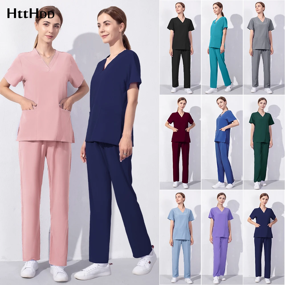 

Hospital Worker Nursing Uniform Women Surgical Set Casual Short Sleeve V-neck Carer Top Nurse Working Medical Uniforms Supplies
