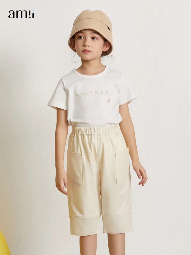 

Детские хлопковые брюки Amii для девочек, летние свободные удобные повседневные модные брюки до середины икры, детские брюки 22120029