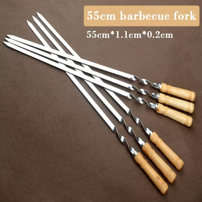 

6pcs BBQ Skewers 55cm 21.5" Long Handle Shish Kebab Barbecue Grill Stick Wood BBQ Fork Stainless steel Outdoors Grill Needle