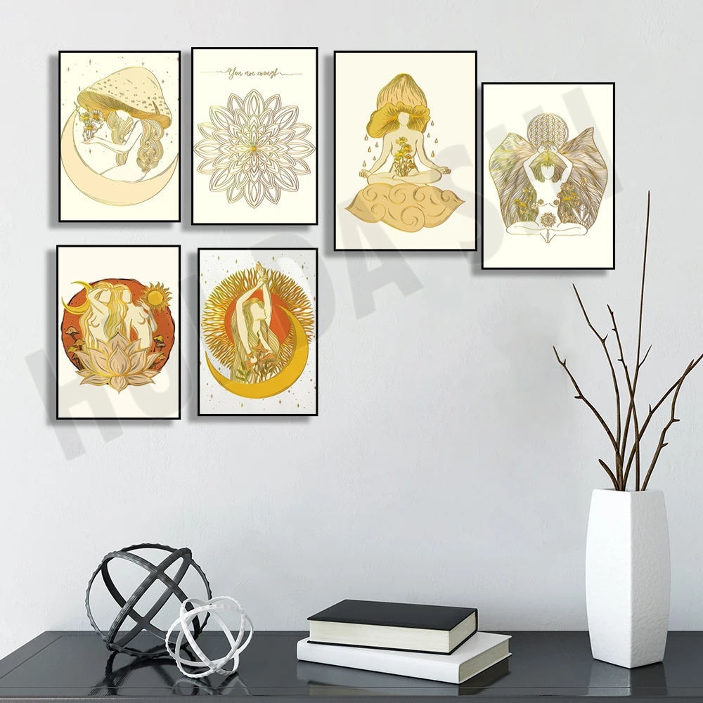 

The RISE OF the Female | Психоделическая Художественная печать, Божье женское искусство, Cottagecore настенное искусство в виде грибов, богемная Луна и сол...