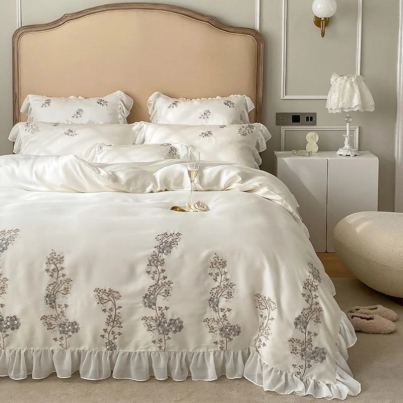 

White Summer Smooth Soft Cozy Breathable Flowers Embroidery Princess Bedding Ruffles Quilt Cover Set Bed Linen Pillow Shams