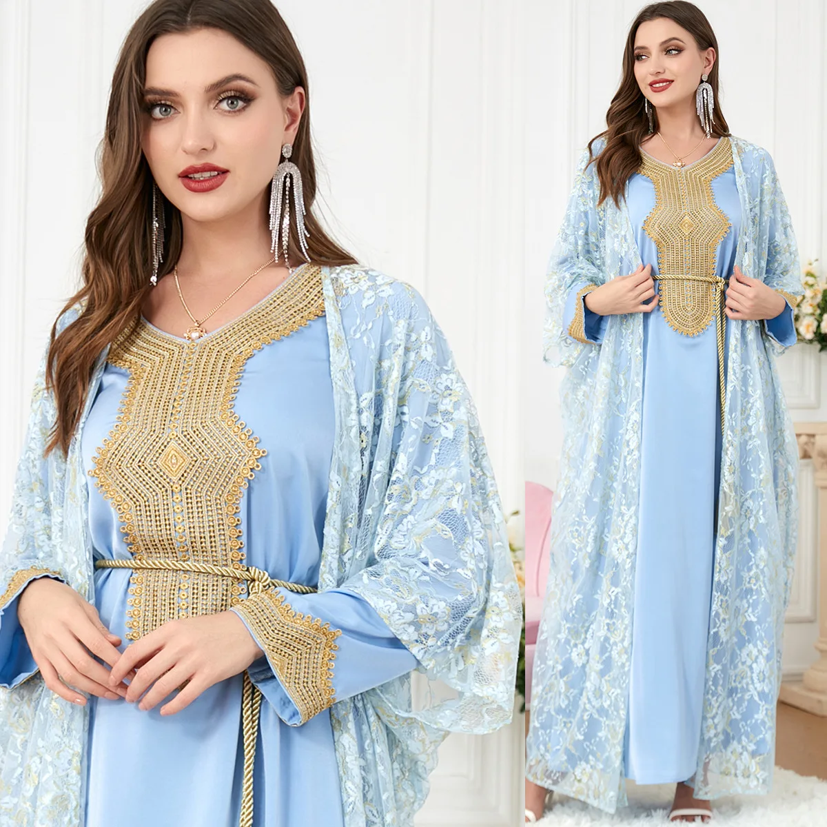 Turkey Muslim Sets Women 2 Piece Abaya Set Ladies Stain Lace Hook Flower Cardigan Abayas Belted Kaftan Dress Dubai Turkey Arabic