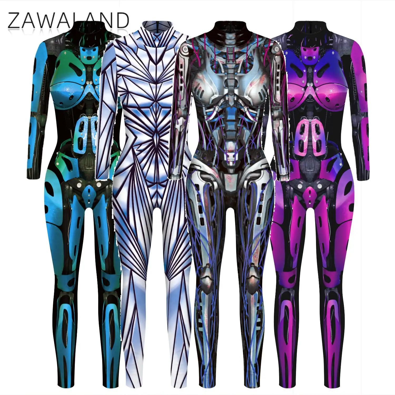 

Zawaland Robot Punk Jumpsuit Catsuit Sexy Adult 3D Digital Printing Cosplay Costumes Zentai Halloween Party Spandex Bodysuit