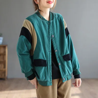Retro twill brushed winter new  women's color-blocking wide padded jacket  clothing  coat women  Cotton  Solid  Winter