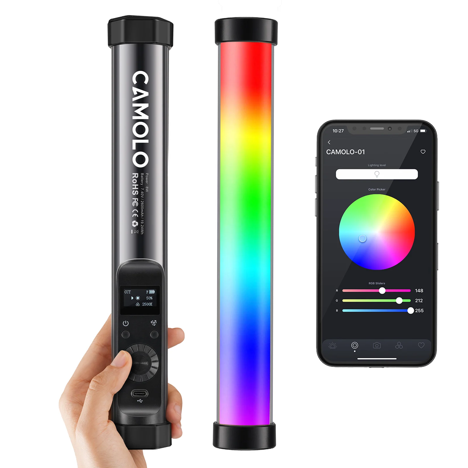 

CAMOLO RGB Handheld Light Wand Portable Led Video Light Stick Magnetic Tube Light Stick with App Control 2500K-8500K