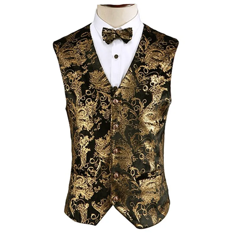 

Gold Steampunk Vest Men Suit Gilet Homme Wedding Sleeveless Slim Plus Size Floral Dress Vests for Men Single Buttons Waistcoat