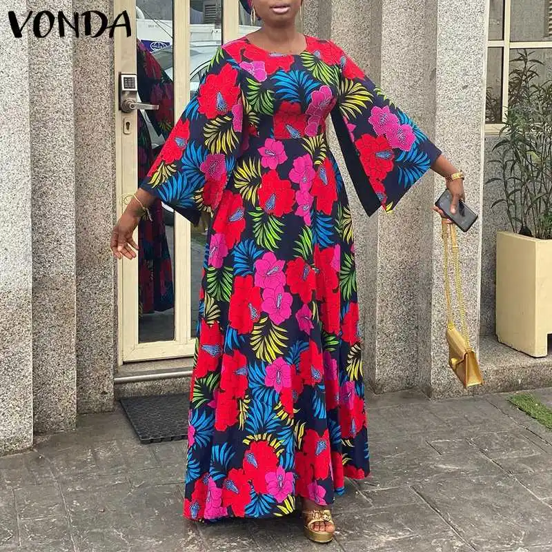 

Party Maxi Robe 2022 VONDA Spring Round Neck Dress Vintage Floral Print Beach Sundress Flare Sleeve High Waist A-Lined Vestidos