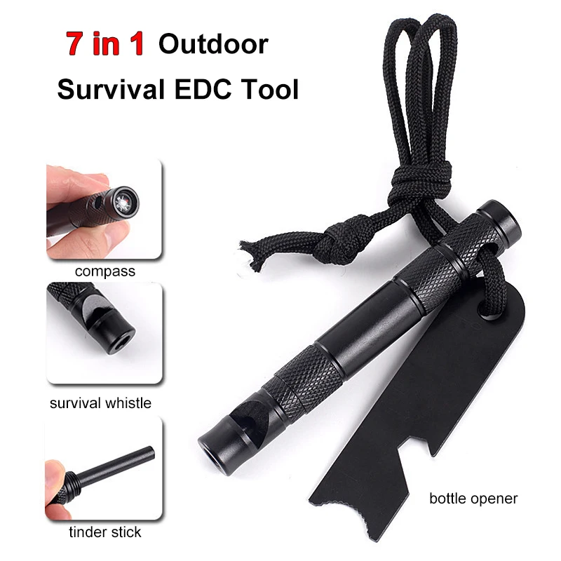 

7-IN-1 Multi Function Outdoor Survival EDC Tool Protable Emergency Whistle Compass Wrench Lighter Ruler Rope for Hiking Camping