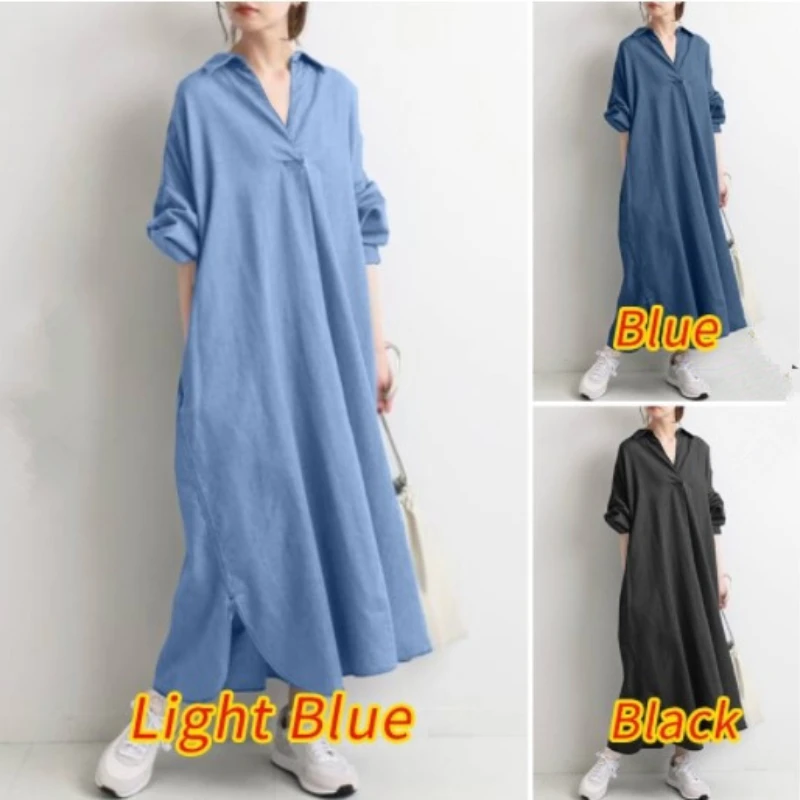 

New Beautiful Fashion Casual Full Sleeve Solid Color Retro Collar Button Long Shirt Dress Muslim Skirt Women clothing