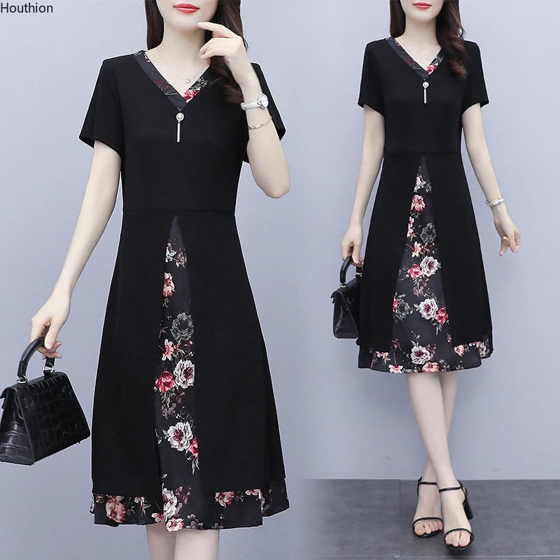 

Women's Dress Fashion es Short Sleeve V-neck Thin Plus Size Summer New Korean Chiffon Floral