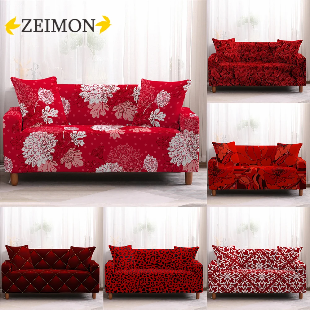 

Beautiful Floral Red Stretch Sofa Cover Living Room All Inclusive Anti-Dirty Slipcover Furniture Protector Elastic Couch Cover