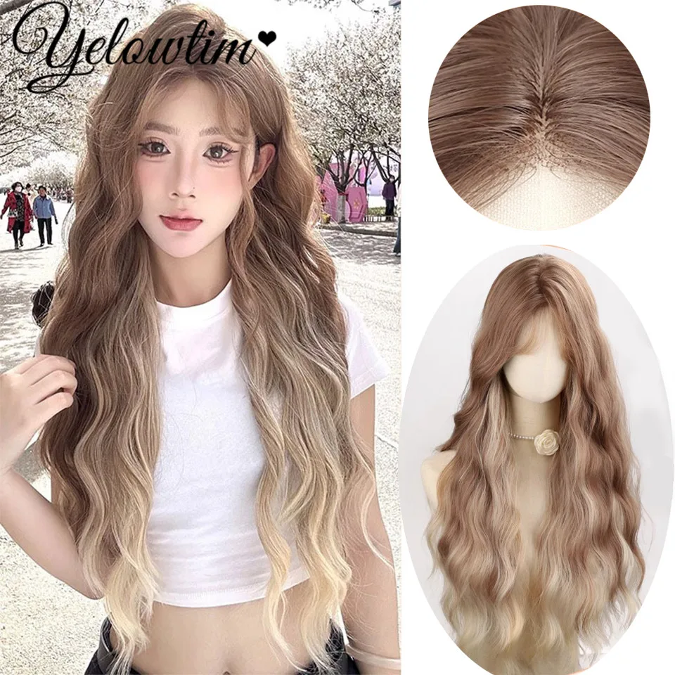 YELOWTIM Synthetic Wig Women's Small Lace Temperament Dyed Gradient Curly Hair Full Head Cover Daily Wear