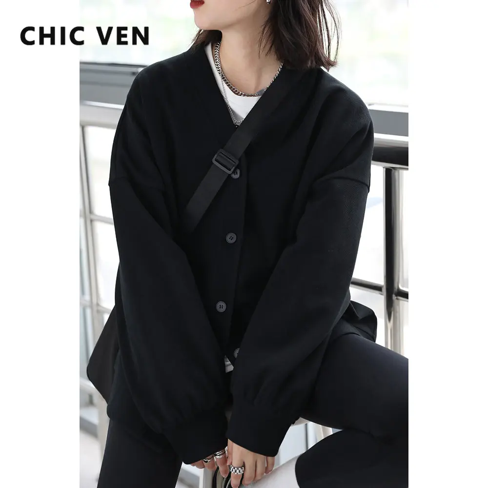 CHIC VEN Korean Women's Sweatshirts Solid Plush Thick Warm Loose Casual Female Tops Office Lady Coats Jacket Autumn Winter 2022