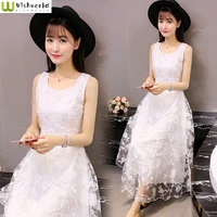 white fairy dress korean version spring summer 2022 sleeveless lace chiffon dress vest sweet little fresh beach skirt