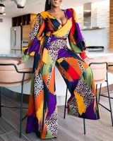 jumpsuit women 2022 summer plus size leopard print v neck lantern sleeve belted jumpsuits 1 piece elegant loose romper fashion
