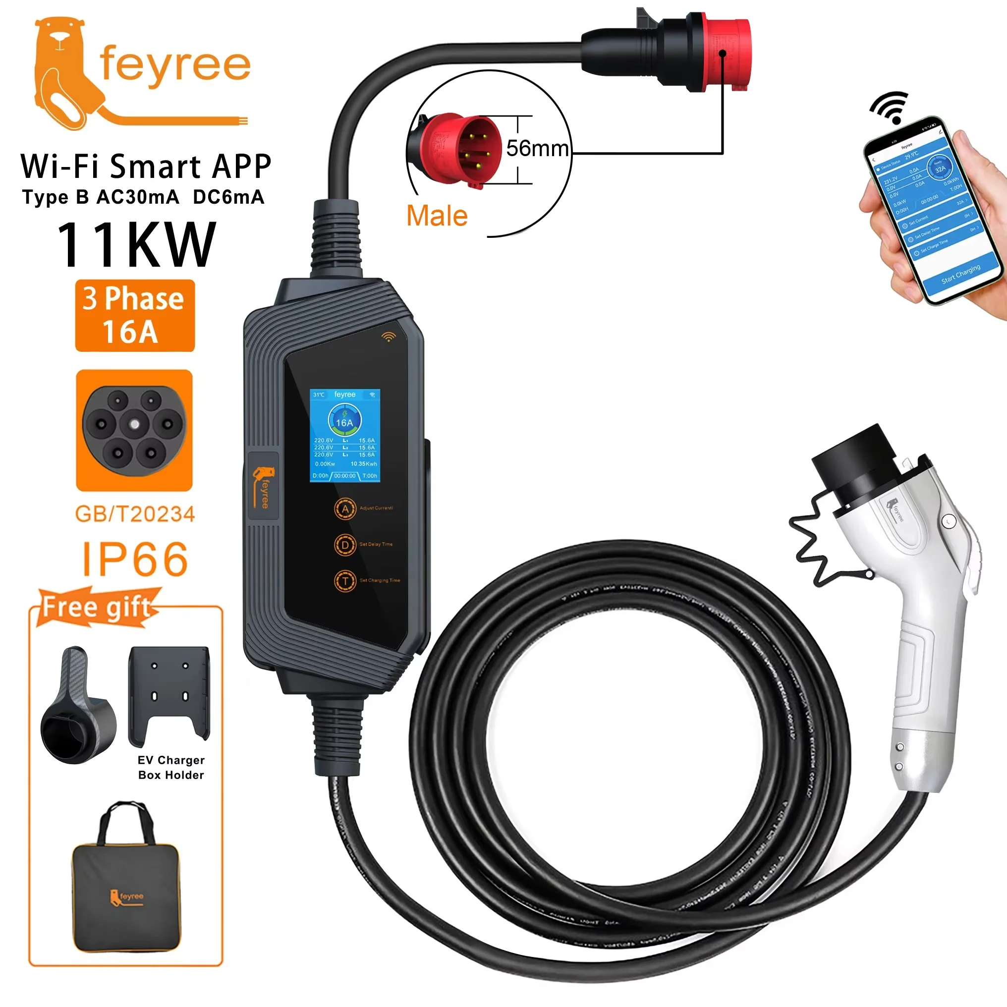 

Feyree GBT Socket 22KW 11KW 3P Fast Smart Charging APP Bluetooth Version 7KW 32A 1P EVSE Портативная зарядная коробка для электромобиля