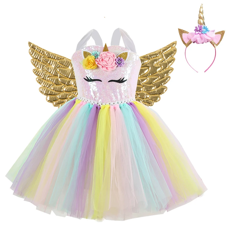 

Пастельные платья для девочек с блестками в виде единорога с крыльями и повязкой на голову 3 шт. наряды Детский карнавальный костюм для дете...