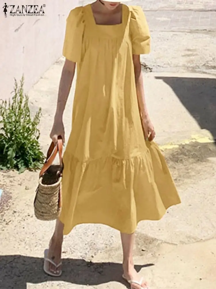 

Платье ZANZEA женское с квадратным вырезом и коротким рукавом, элегантный Однотонный сарафан до середины икры, офисная одежда с оборками на по...