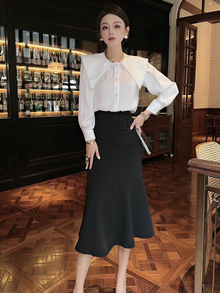 ZJYT 2023 Spring Lapel Collar White Blouse and Skirt 2 Piece Set Women Elegant Mermaid Party Dress Suit Office Work Outfits Lady