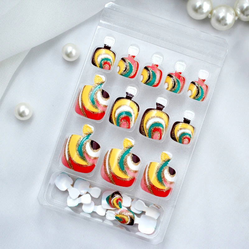 

24pcs False Toe Nail Tips Press On Full Cover Fake Nails Medium Pre-designed Multicolor Glitter Pattern Toe Artificial Nail Art
