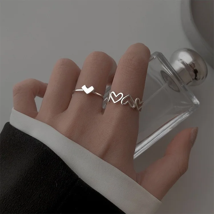 

2 Piece Heart Hollow Ring Accessories Fashion Trend Charm Out Opening Silvery Custom Women Simple Ins Adjustable Ring Wholesale