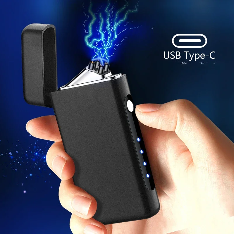Фото Ветрозащитная зажигалка с двойной дугой Type-C, зарядка через USB, светодиодный дисплей мощности, импульсный плазменный уличный портативный инструмент для выживания, зажигалка №2